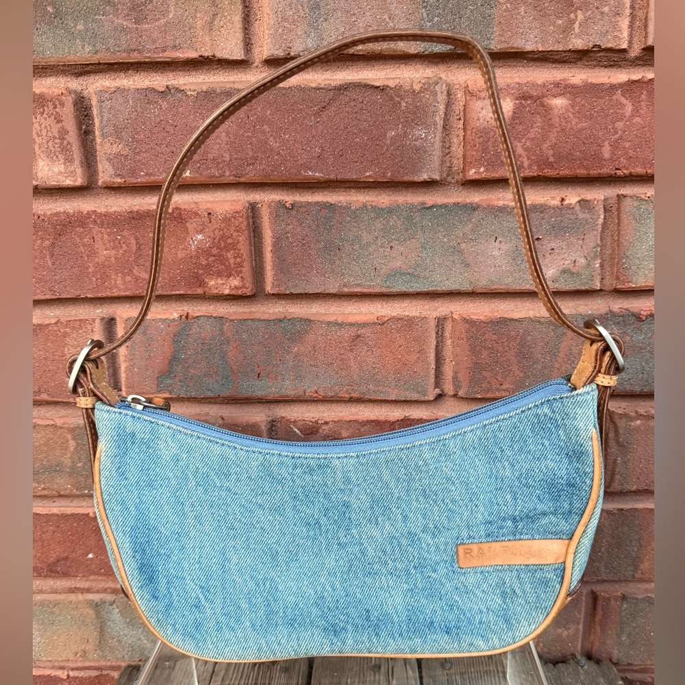 Ralph Lauren Light Colored Blue Jean Denim Mini Shoulder Bag Tan Leather Strap